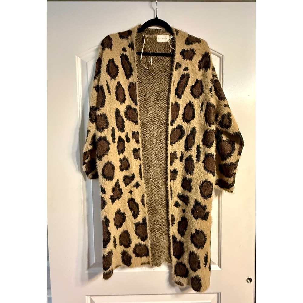 Dreamers Leopard Duster Cardigan M Tan Eyelash Knit Fuzzy Long Mob Wife Coxycore